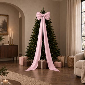 Peut inclure: Un grand nœud en tissu rose clair placé au sommet d'un sapin de Noël vert foncé. Le nœud présente deux longs pans de tissu fluides qui descendent depuis le centre, se drapant élégamment vers la base de l'arbre.