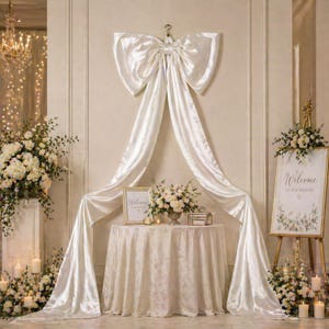 May include: Elegant wedding decor featuring a large white satin bow, draping fabric, and a round table with a floral arrangement. A welcome sign and additional floral displays complete the scene, creating a romantic ambiance.