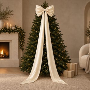 Puede incluir: Un lazo grande de tela color crema colocado en la parte superior de un árbol de Navidad verde. El lazo presenta dos colas de tela largas y fluidas que caen verticalmente por el centro del árbol, extendiéndose desde la punta hasta la base.