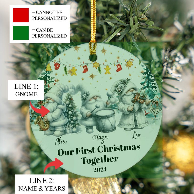 Personalized First Christmas as A Family of Four Gnome Ornament, Circle