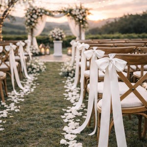 Peut inclure: Mise en place pour une cérémonie de mariage en plein air, avec des chaises en bois ornées de nœuds et de rubans blancs. Une arche florale et une allée parsemée de pétales blancs créent une atmosphère romantique. Un éclairage doux et un coucher de soleil complètent la scène.