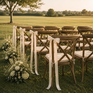 Puede incluir: Filas de sillas de madera con cojines color crema y lazos blancos dispuestas en un césped. Flores blancas bordean el pasillo, creando un ambiente sereno para una ceremonia de boda al aire libre.
