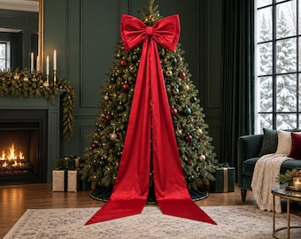 Deep Red Giant Christmas Tree Bow, Tree Topper, Oversized Holiday Bow, Long Tail Satin Bow, Elegant Christmas Decor, Large Gift Bow