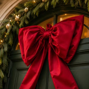 Peut inclure: Un grand nœud en satin rouge vif avec des boucles larges et structurées et deux longs pans tombants. Le nœud est centré sur une porte vert foncé, placé sous une guirlande de sapin luxuriante ornée de petites boules dorées lumineuses.