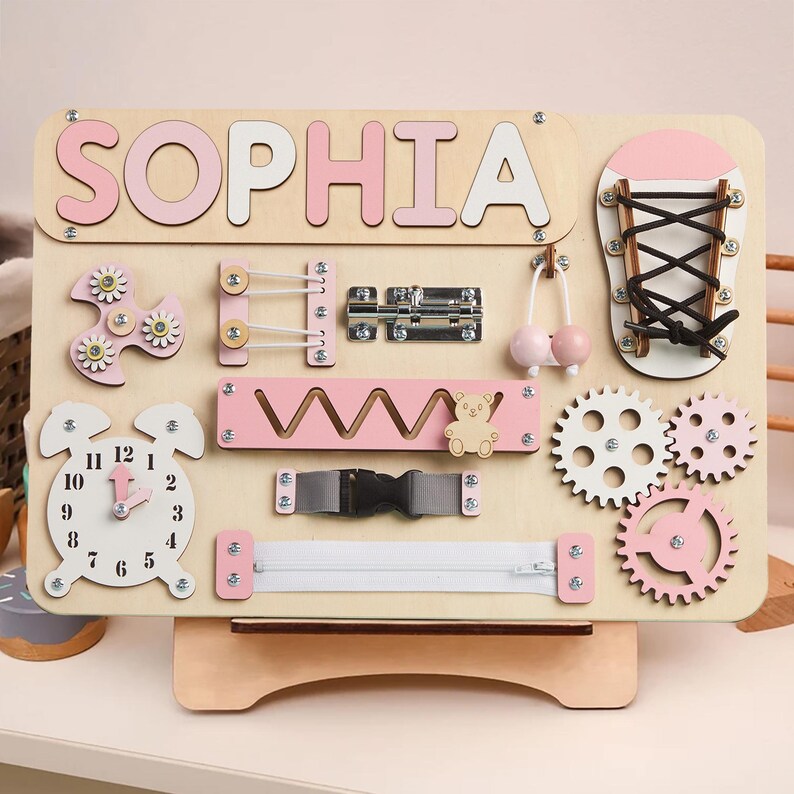 Personalized Busy Board for Baby, Name Puzzle, Wooden Sensory Toys
