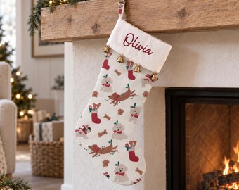 Custom Embroidered Stocking, Personalized Christmas Sock with Name, Cotton Fireplace Decor, Holiday Gift for Kids and Pets
