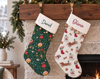 Personalized Christmas Stocking, Machine Embroidered Name, Cotton Family Stocking, Gold Bells, Custom Holiday Mantel Decor