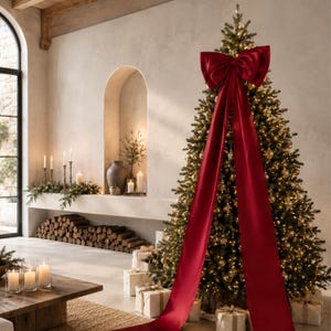 May include: A tall, conical Christmas tree decorated with warm white string lights and gold ornaments, topped with a large, deep red satin bow featuring two long, flowing ribbons that drape down the front of the tree to the floor.