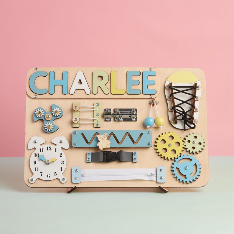 Personalized Busy Board for Baby, Name Puzzle, Wooden Sensory Toys