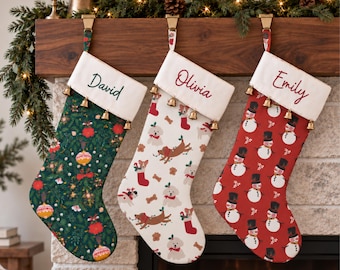 Personalized Embroidered Cotton Christmas Stockings, Gold Bells, Family Holiday Decor