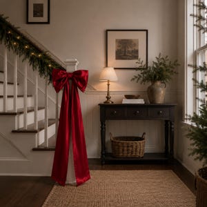 May include: A large, deep red satin ribbon bow with two long, flowing tails attached to a white wooden stair newel post. The bow features a smooth, reflective texture and is tied in a classic style, serving as a decorative accent for the staircase.
