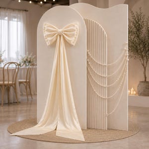 Peut inclure: Un séparateur de pièce arqué de couleur crème doté d'un grand nœud en tissu fixé sur le panneau avant. Le panneau adjacent présente une texture cannelée et est drapé de plusieurs rangs de fausses perles blanches en cascade courbée.
