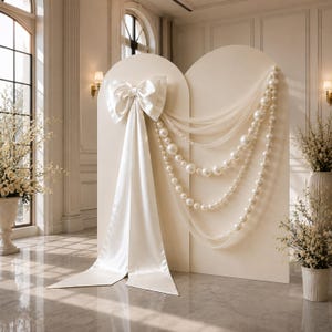 May include: A cream-coloured arched room divider featuring a large satin bow on the left side with long flowing ribbons. The right side is draped with sheer white fabric and multiple strands of varying sizes of white pearls in a cascading design.