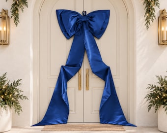 Giant Navy Blue Christmas Bow, Oversized Satin Tree Topper with Long Tails, Elegant Holiday Door and Store Decor