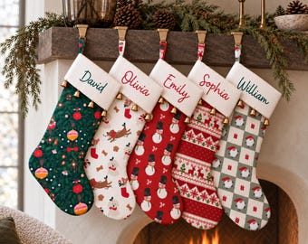 Custom Name Christmas Stocking, Embroidered Cotton Stocking with Gold Bells, Personalized Family Gift, Mantel Decoration