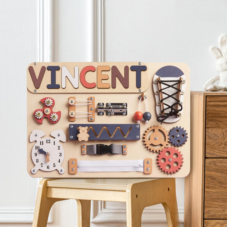 Personalized Busy Board for Baby, Name Puzzle, Wooden Sensory Toys
