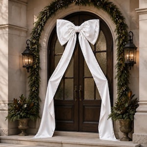 May include: A large white satin bow attached to a dark wooden double door. The bow features two long, flowing tails that drape down the length of the door. The doorway is framed by a green garland and flanked by two black metal lanterns and planters.