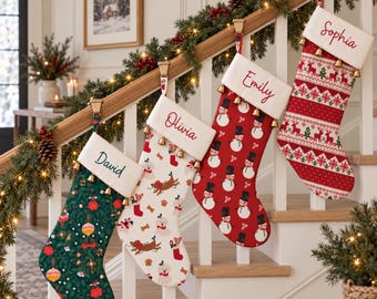 Personalized Christmas Stocking, Custom Name Embroidered Stocking, Cotton Family Stocking, Gold Bell Mantel Decor, Holiday Gift
