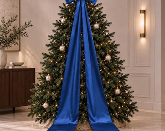 Navy Blue Giant Christmas Bow, Oversized Tree Topper, Long Tail Satin Bow, Luxury Holiday Decor, Large Christmas Tree Bow