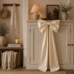 Pode incluir: Um grande laço de cetim na cor creme com duas longas fitas fluidas fixado na parte frontal de um armário de madeira clara. O laço apresenta uma textura de tecido suave e reflexiva, centralizado nas portas do armário como um detalhe decorativo.
