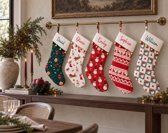 Personalized Family Stocking, Custom Embroidered Christmas Sock, Cotton Stocking with Gold Bells, Kids and Pet Holiday Gift