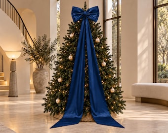 Oversized Navy Christmas Bow, Giant Satin Tree Topper, Extra Long Tail Bow, Elegant Holiday Home and Storefront Decor