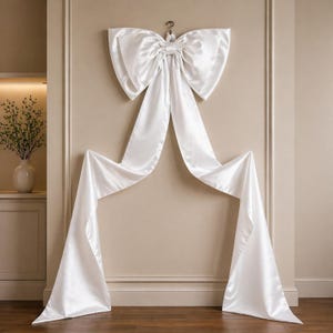 May include: A large, white satin bow is mounted on a beige wall. The bow's cascading tails create a decorative, draped effect. The bow is suspended from a small, ornate hook, adding a touch of elegance to the wall decor.