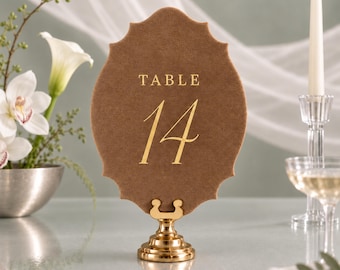 Velvet Wedding Table Numbers, Gold Lettering Signs with Optional Holder, Luxury Reception Table Decor, Elegant Centerpiece