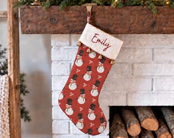 Custom Christmas Stocking with Name, Machine Embroidered Cotton Sock, Gold Bell Fireplace Decor, Personalized Holiday Keepsake