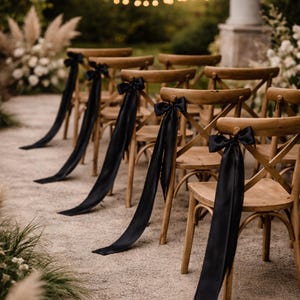 Black Pre Tied Wedding Chair Bows, White Satin Chair Decor, Elegant Bridal Ceremony Chair Sashes, Romantic Aisle Styling