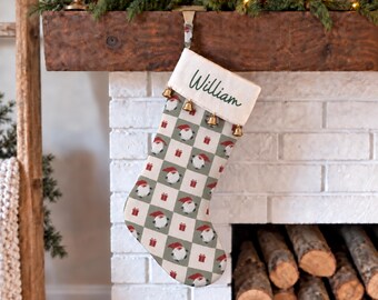 Personalized Name Stocking, Embroidered Christmas Mantel Stocking, Cotton Holiday Decor with Four Gold Bells, Family Gift