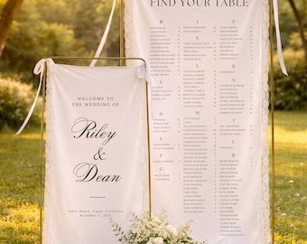 Elegant Lace and Linen Wedding Signage Set, Custom Fabric Welcome Sign & Seating Chart, Rustic Boho Wedding Decor, Romantic Wedding Details