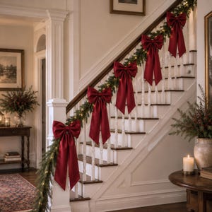 May include: A staircase railing decorated with a green pine garland featuring warm white string lights and five large, deep red satin bows. The bows are evenly spaced along the banister, each with two long, flowing tails hanging downwards.