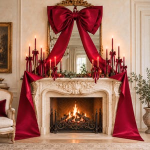 Peut inclure: Un grand nœud en satin rouge profond est drapé sur un miroir à cadre doré au-dessus d'une cheminée. La cheminée est décorée de plusieurs bougies effilées rouges dans des bougeoirs dorés, ornées de petits nœuds rouges et de feuillage.