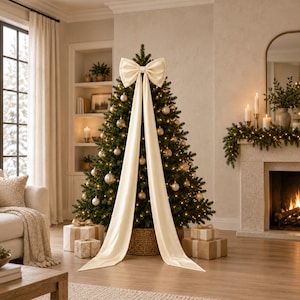 Puede incluir: Un gran lazo de tela de color crema con dos cintas largas que caen sobre la parte delantera de un árbol de Navidad decorado. El árbol está adornado con luces blancas cálidas y adornos dorados, situado en una habitación con chimenea.