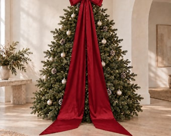 Giant Christmas Tree Bow, Deep Red Tree Topper, Oversized Holiday Bow, Long Tail Satin Bow, Elegant Christmas Decor, Large Gift Bow