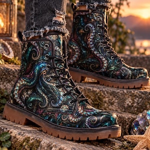 Mystic Octopus Combat Boots – Dark Ocean Tentacle Boots, Iridescent Sea Life Lace Up Boots, Gothic Coastal Statement Boots