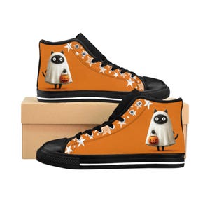 Halloween Cat Ghost Women&#39;s Sneakers, Trick or Treat High Tops, Costume Shoes, Cat Lover Gift, Halloween Shoes