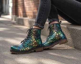 Labradorite Dragon Scale Combat Boots | Iridescent Emerald Lace-Up Boots | Vegan Leather Lightweight boots