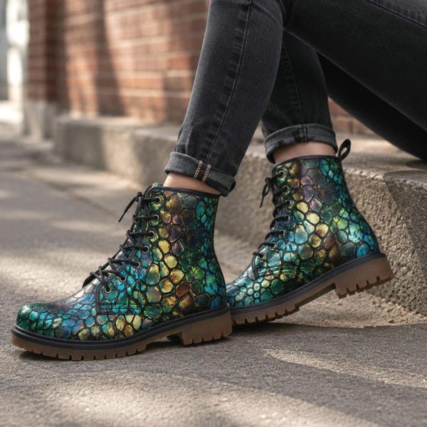Labradorite Dragon Scale Combat Boots | Emerald Iridescent Vegan Leather Lace-Up