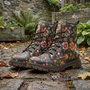 May include: A pair of ankle-high lace-up boots featuring a dark green base with a multi-colored floral pattern of pink, orange, and yellow flowers. The boots have dark brown laces, metal eyelets, and a thick, textured brown rubber sole.