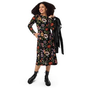 Black Floral Print All-over print long sleeve midi dress