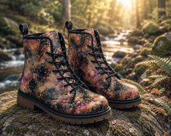 Hemelse bosgevechtslaarzen | Cosmic Galaxy wandelschoenen voor dames | Boho veterschoenen met maan en sterren | Cadeau geïnspireerd op de natuur