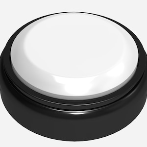 Może przedstawiać: Okrągły, czarno-biały przycisk z pustą białą powierzchnią. Przycisk został zaprojektowany do nagrywania i odtwarzania dźwięków.