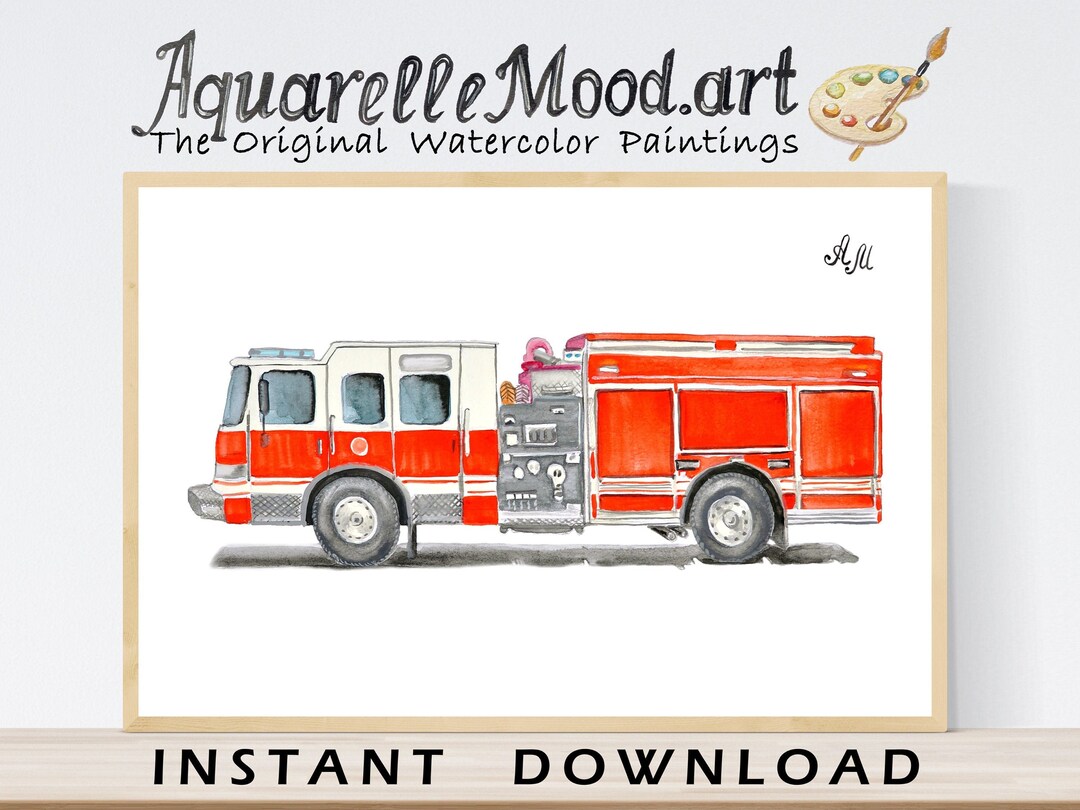Fire Truck Print Printable Fire Engine Watercolors Wall Art Nursery ...
