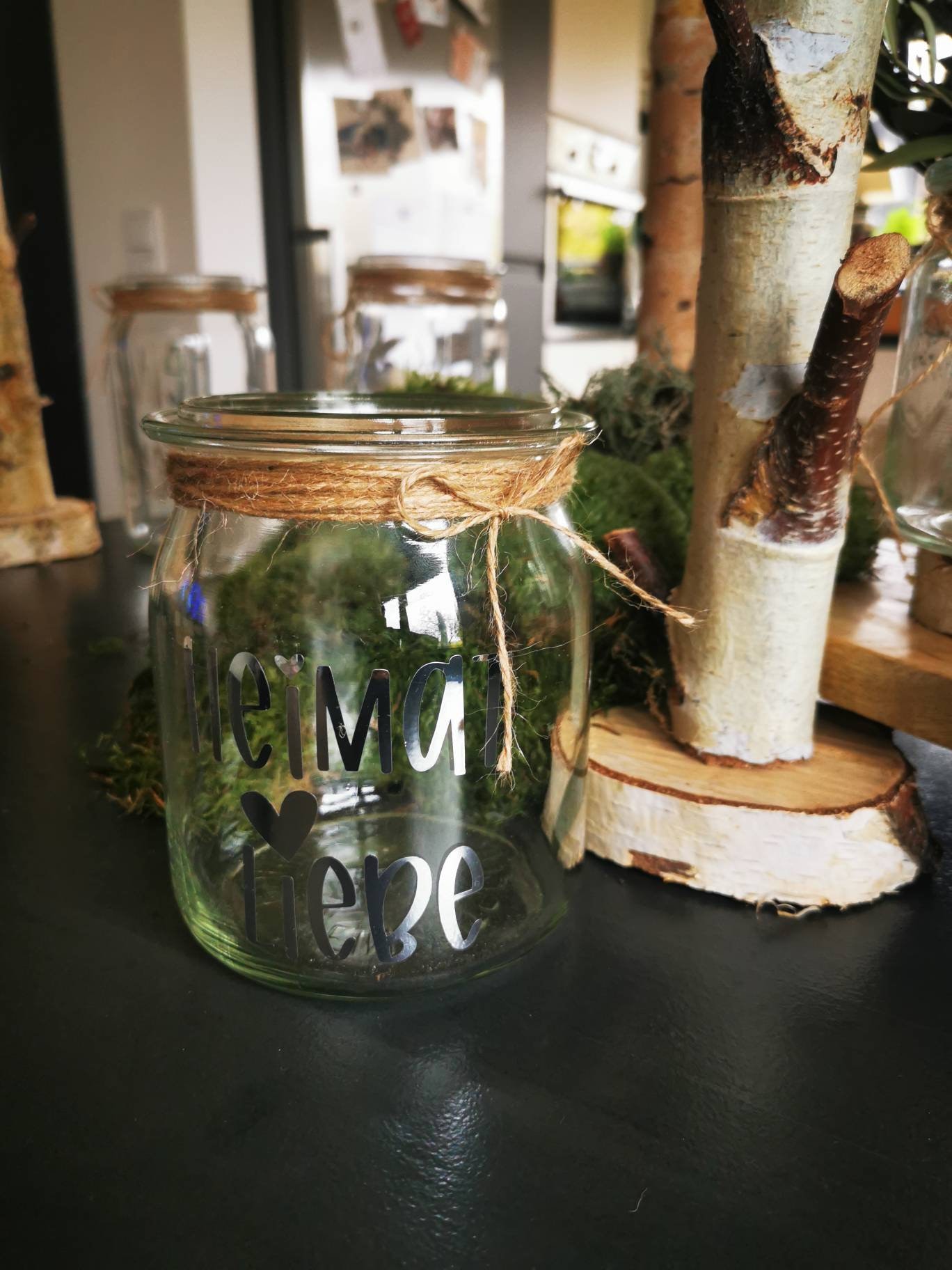 Windlicht-Tischdeko-altes Einmachglas-upcycling, Vintage Deko-Schriftzug HEIMAT LIEBE-Geschenk-Handmade