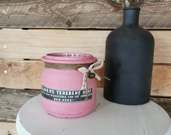 Vase-Windlicht-Shabby Chic-Vintage-Handmade-Geschenkidee-Spitze-Schleife-Deko-Rosa-Glas-Tischdeko