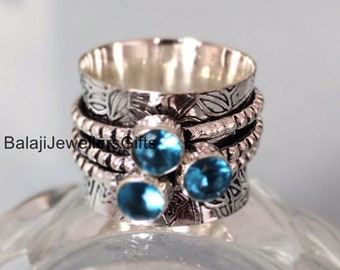 Drie blauwe topaas edelsteen ring, 925 sterling zilveren ring, handgemaakte ring, meditatie ring, spinner ring, vrouwen ring, duim ring, SK647