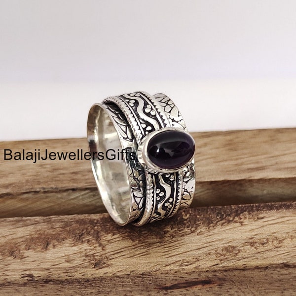 Black Onyx Sterling Silver Spinner Ring: Handmade Boho Meditation Jewelry