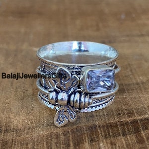 Blue Topaz Gemstone 925 Sterling Silver Spinner Ring For Women, Handmade Silver Ring, Honey Bee Ring, Fidget Ring, Beautiful Ring, B1319